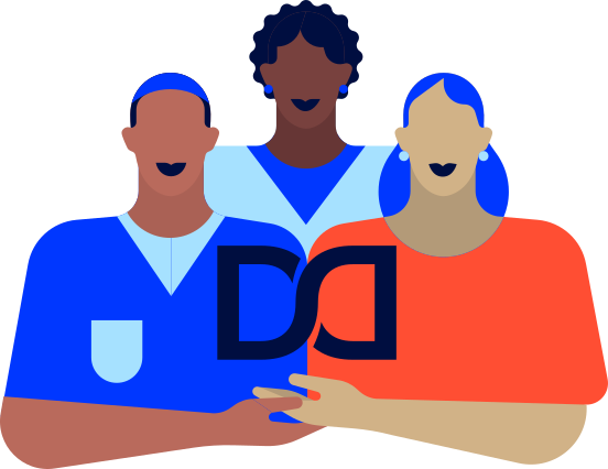 Illustration with three people without faces, one brown and two black, forming a triangle and, in the center, the symbol “wing” that represents Dasa 